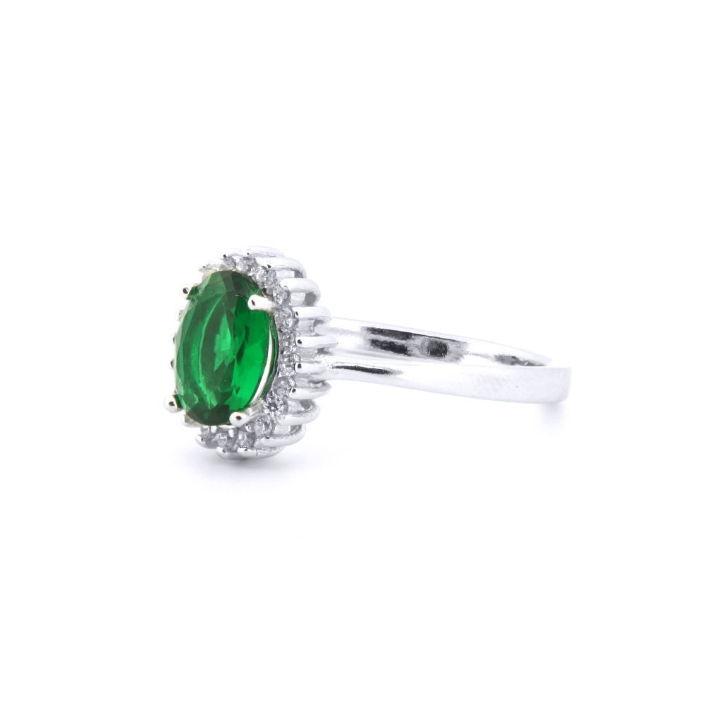 Silver  Green Oval CZ Royal Princess Majestic Cluster Ring - ARN189G