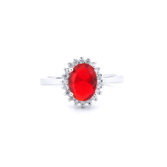 Silver  Red Oval CZ Royal Princess Majestic Cluster Ring - ARN189R