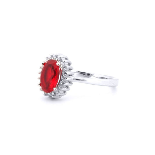 Silver  Red Oval CZ Royal Princess Majestic Cluster Ring - ARN189R