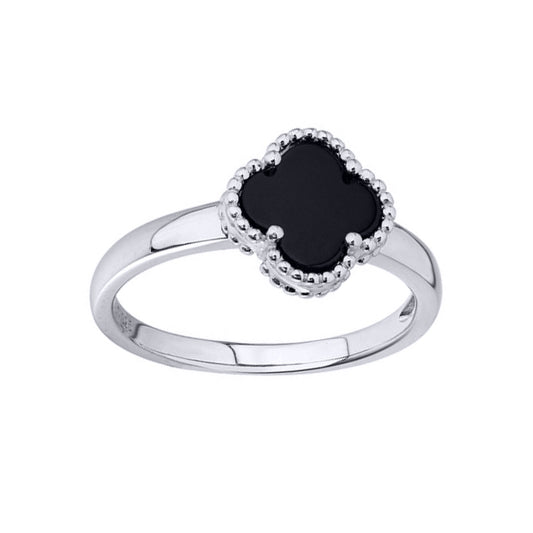 Silver  Black Clover Onyx Bead Edge Lucky Clover Charm Ring - ARN190