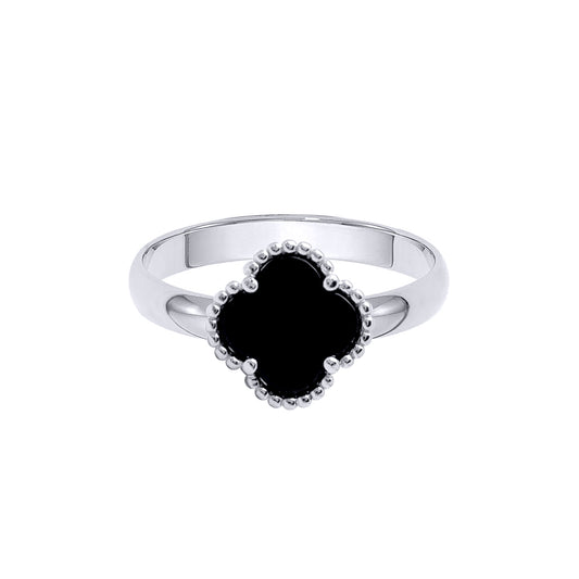 Silver  Black Clover Onyx Bead Edge Lucky Clover Charm Ring - ARN190