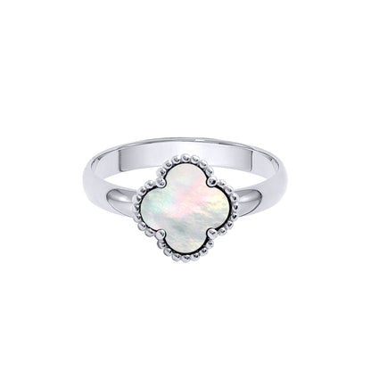 Silver  Clover Mother of Pearl Bead Edge Lucky Clover Charm Ring - ARN191