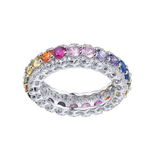 Unisex Silver  Rainbow CZ Semi Halo Aurora Full Eternity Ring - ARN193