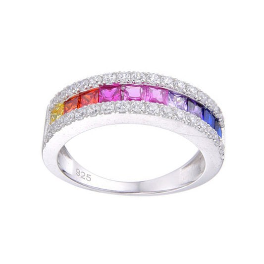 Silver  Rainbow Princess CZ Channel Set Aurora Half Eternity Ring - ARN194