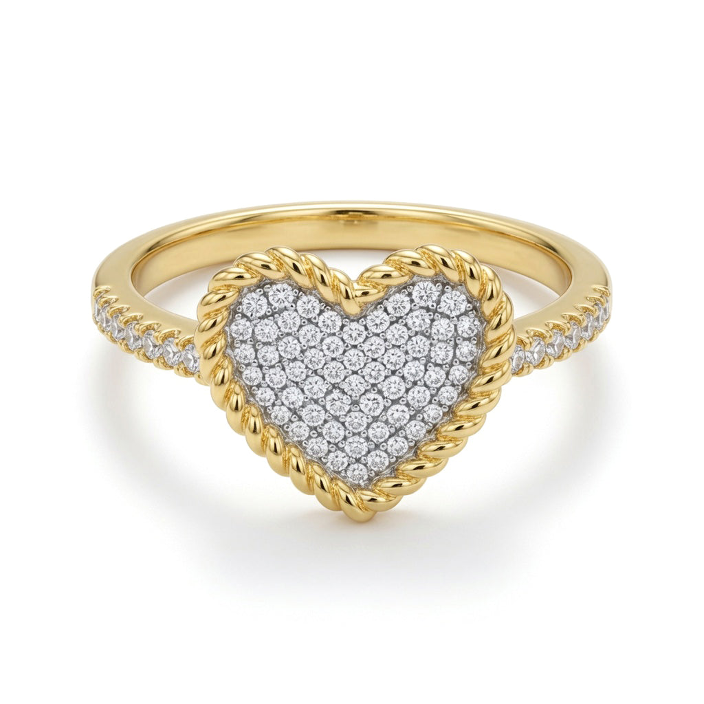 Gold-plated Silver  CZ Rope Edge Encrusted Love Heart Cluster Ring - ARN196