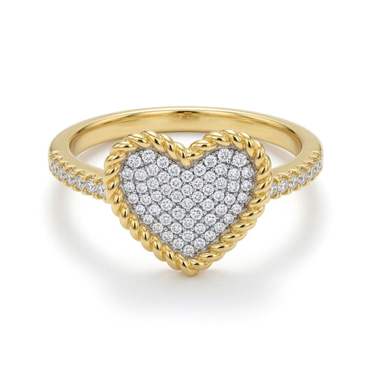 Gold-plated Silver  CZ Rope Edge Encrusted Love Heart Cluster Ring - ARN196
