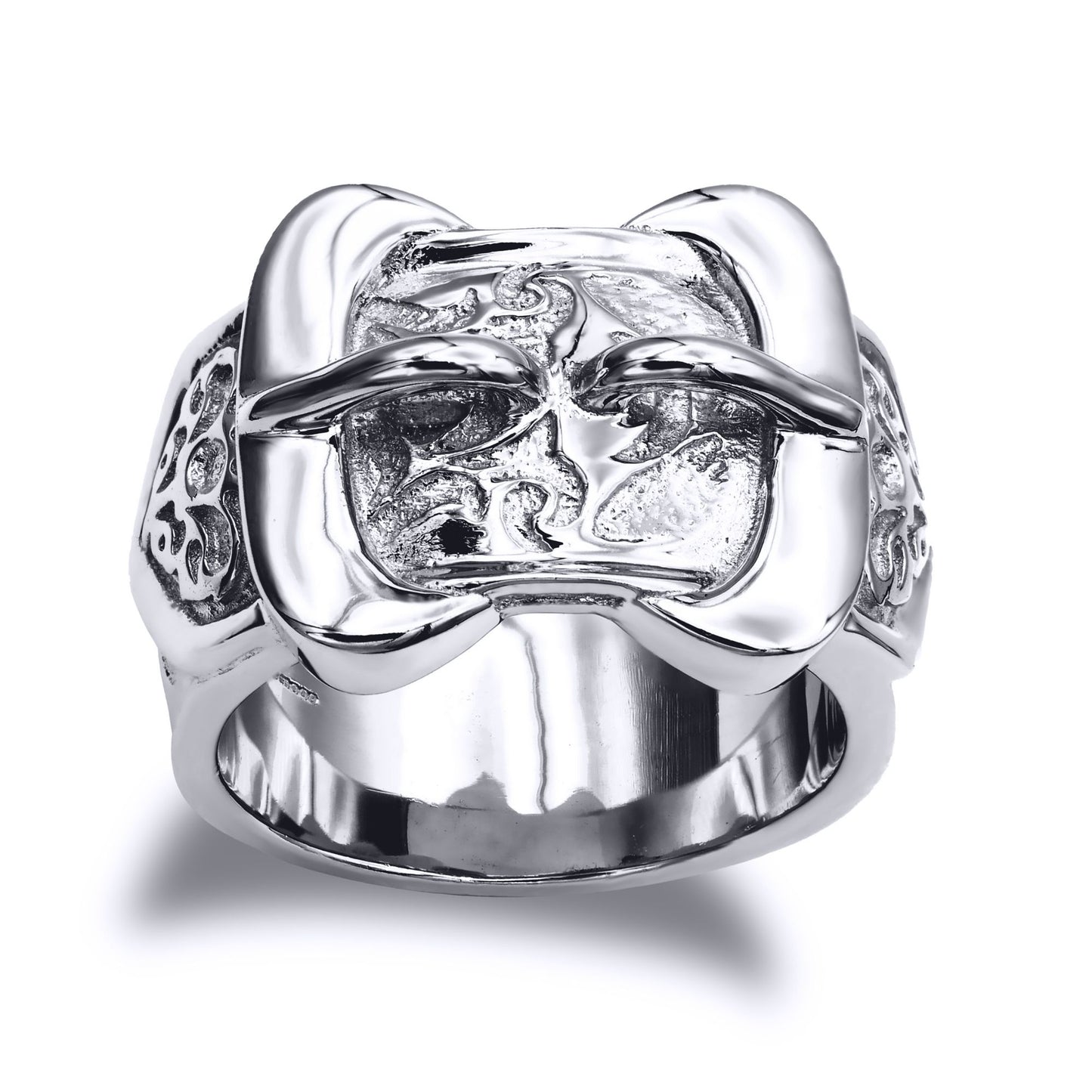 Mens Solid Rhodium-plated Silver  Double Buckle Ring - ARN200