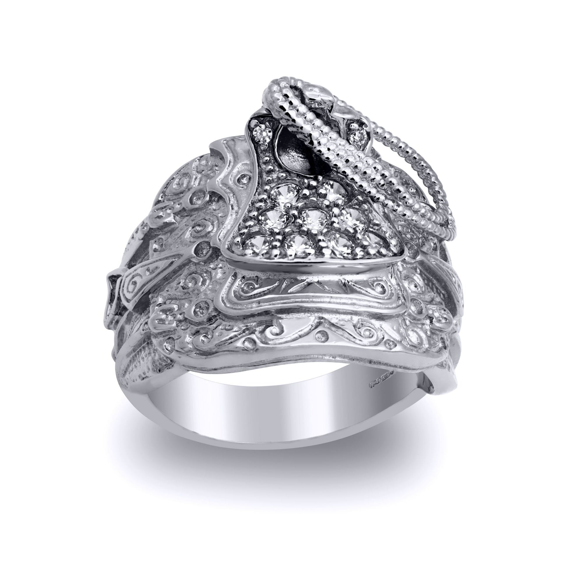 Mens Solid Rhodium-plated Silver  CZ Horse Saddle Rope Ring - ARN201