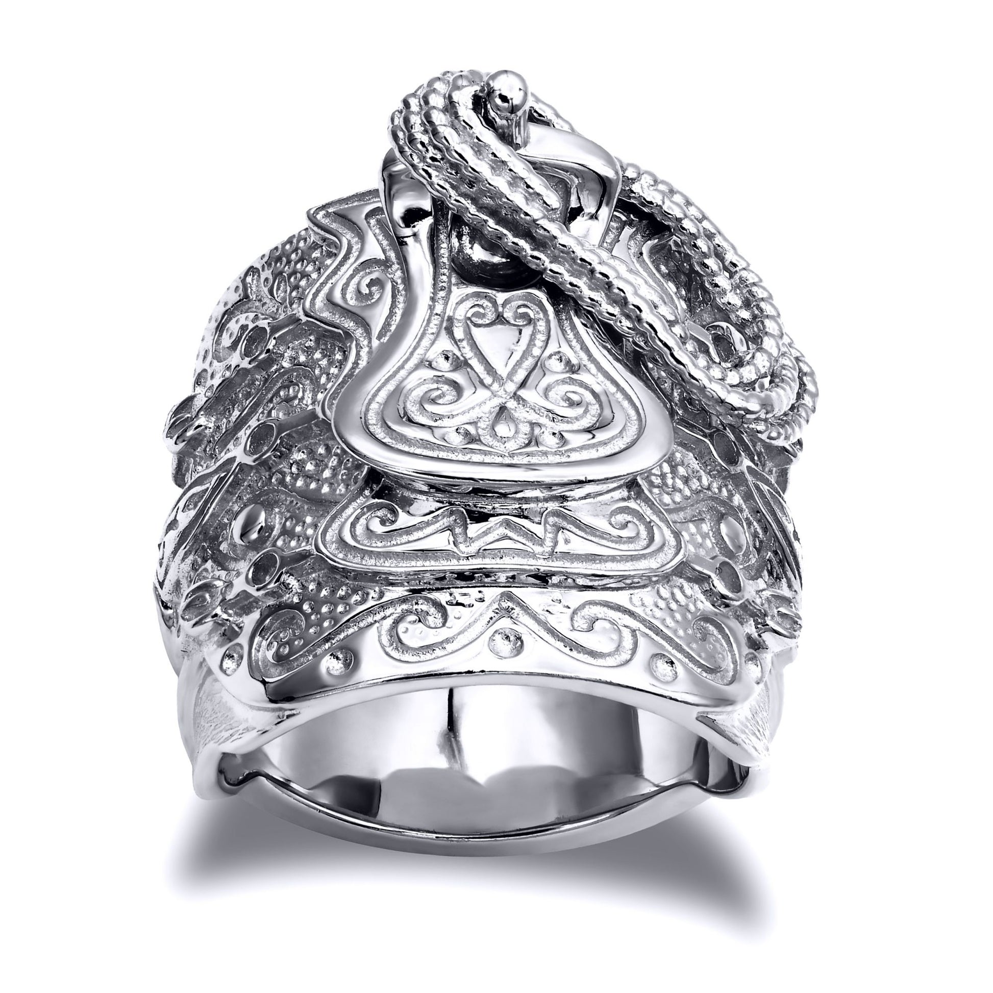 Mens Solid Rhodium-plated Silver  Horse Saddle Rope Ring - ARN202