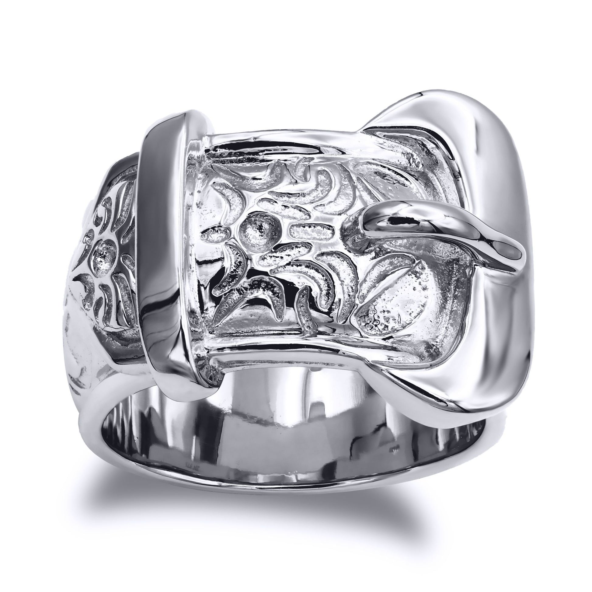Mens Solid Rhodium-plated Silver  Single Buckle Ring - ARN203