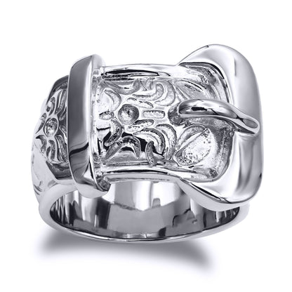 Mens Solid Rhodium-plated Silver  Single Buckle Ring - ARN203