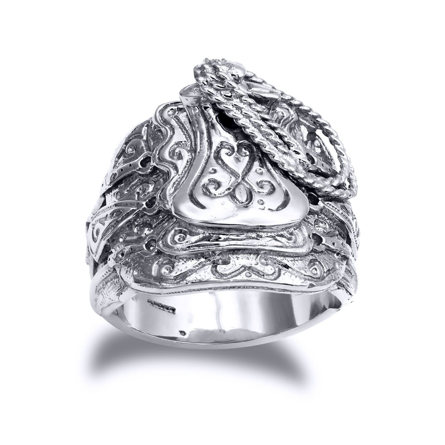 Mens Solid Rhodium-plated Silver  Horse Saddle Rope Ring - ARN204