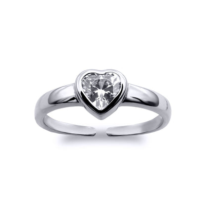 Rhodium Plated Silver Heart CZ Solitaire Love Toe Ring - ATR021