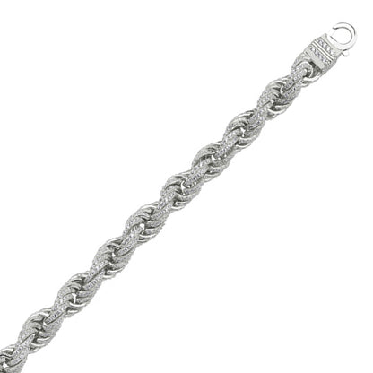 Mens 925 Silver  CZ Encrusted Twisted Rope Bracelet 12mm 8.5 inch - BLBR13