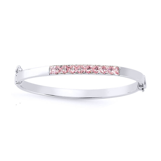 Silver  Pink Princess-cut CZ Eternity Baby Bangle Bracelet - BN41P