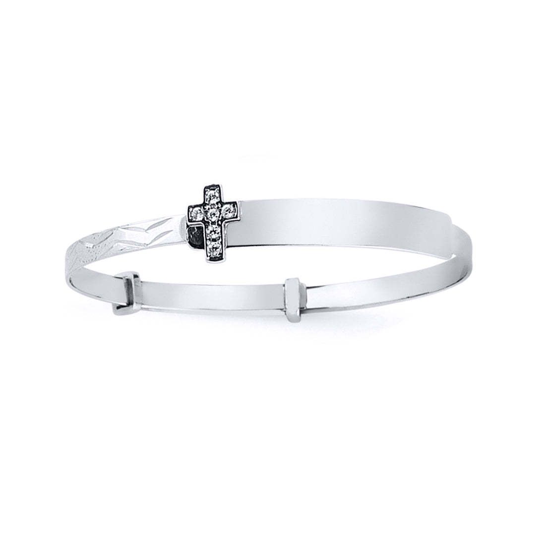 Kids Silver  CZ Cross Expanding ID Baby Bangle Bracelet - BN49