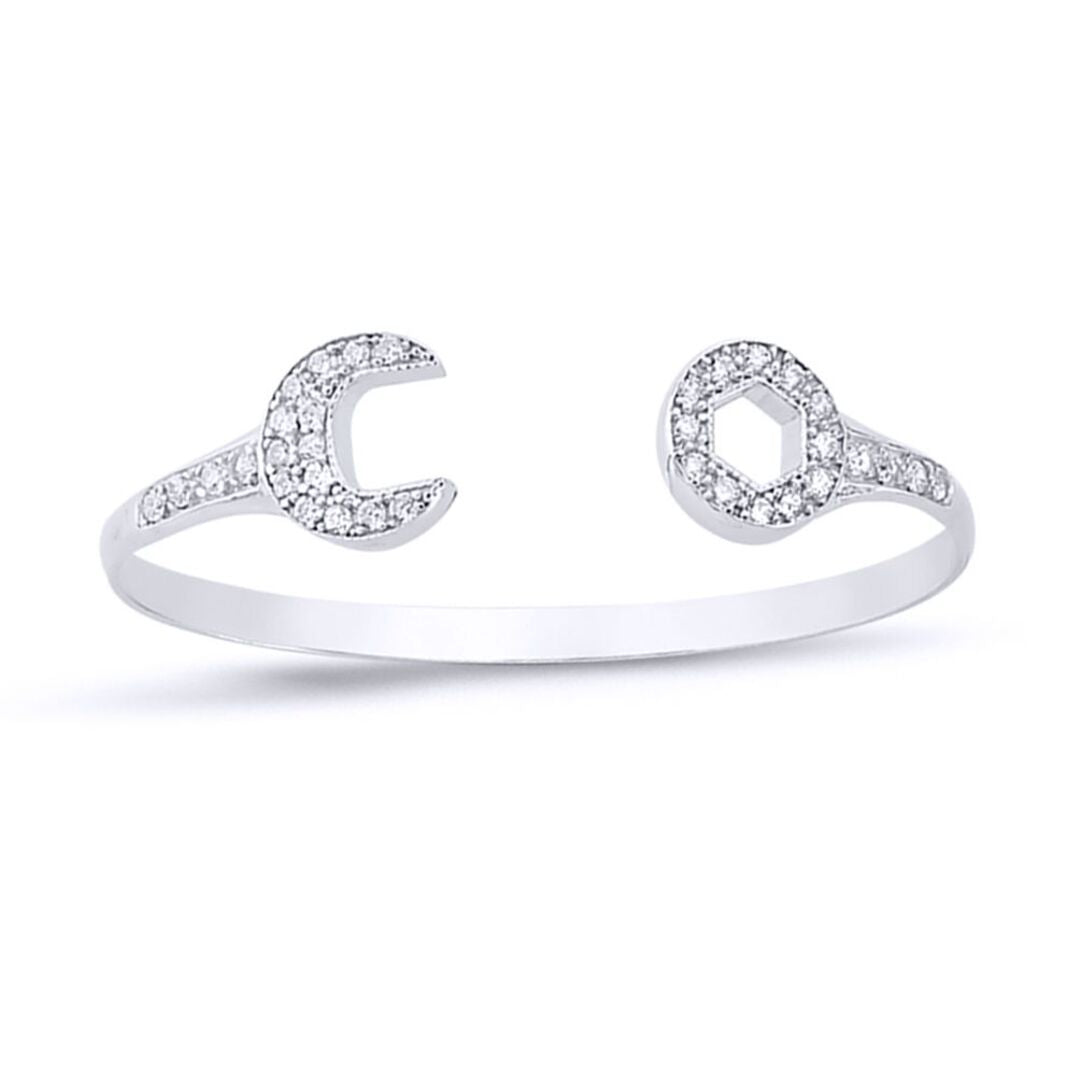 Sterling Silver  CZ Encrusted Spanner Wrench Baby Bangle Bracelet - BN66