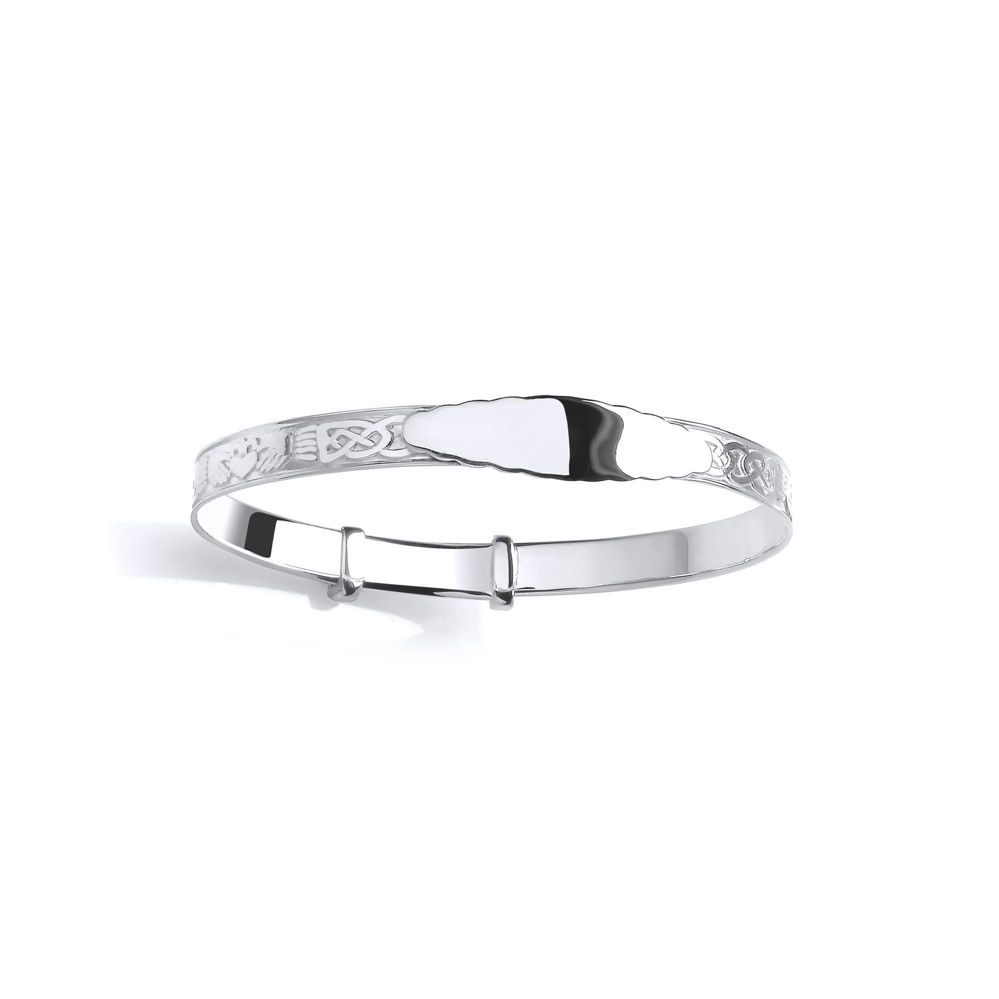 Silver  Scalloped Edge ID Bar Claddagh Bangle Bracelet - BN86