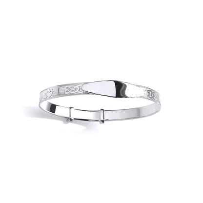Sterling Silver Kids Expanding Oval ID Plate Bangle - Celtic Interwoven Pattern (55mm) - BN86