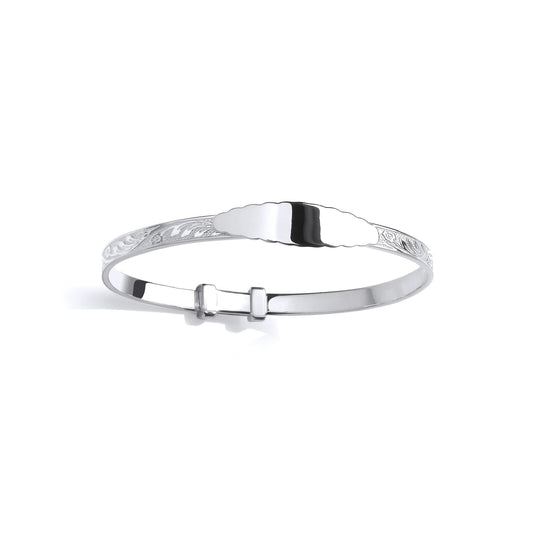Silver Kids Expanding Oval ID Plate Bangle Floral Engraving 55mm - BN87
