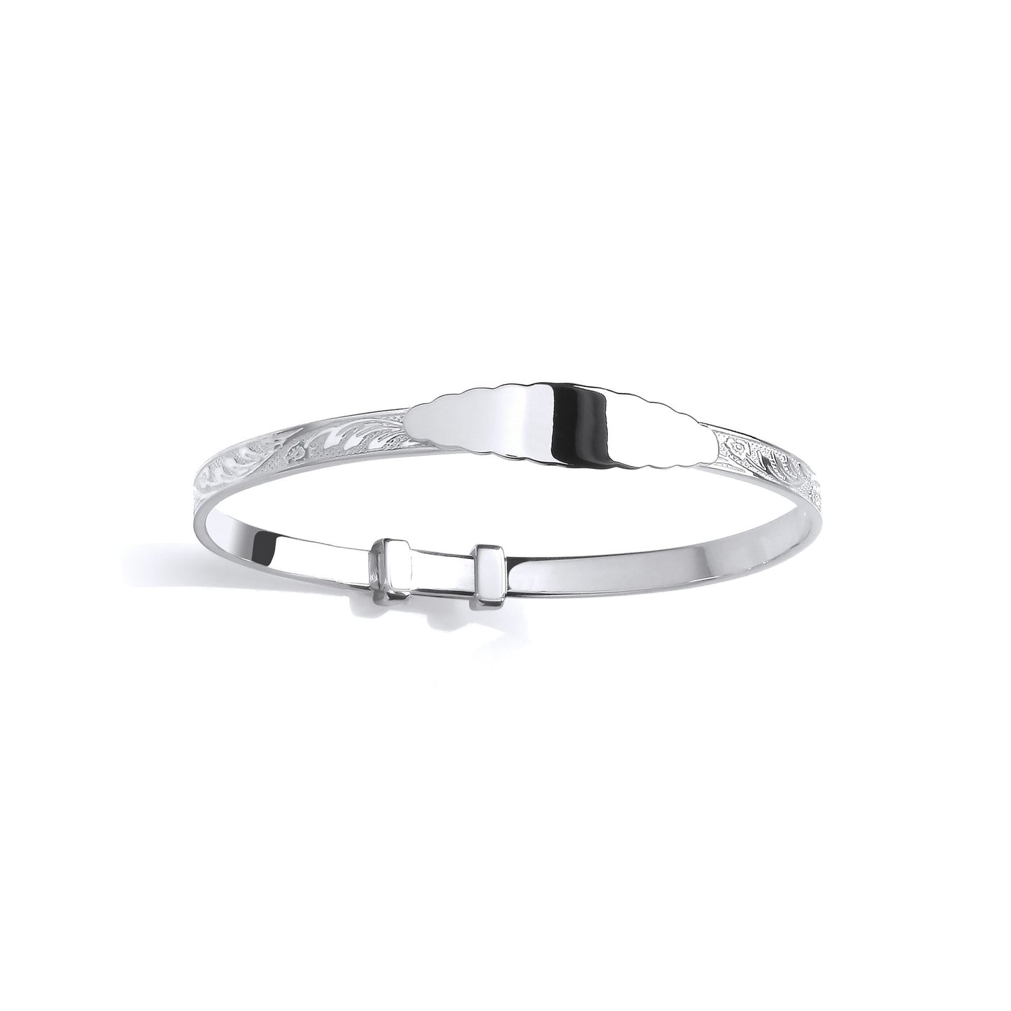 Sterling Silver Kids Expanding Oval ID Plate Bangle With Floral Design Engraving (55mm) - BN87