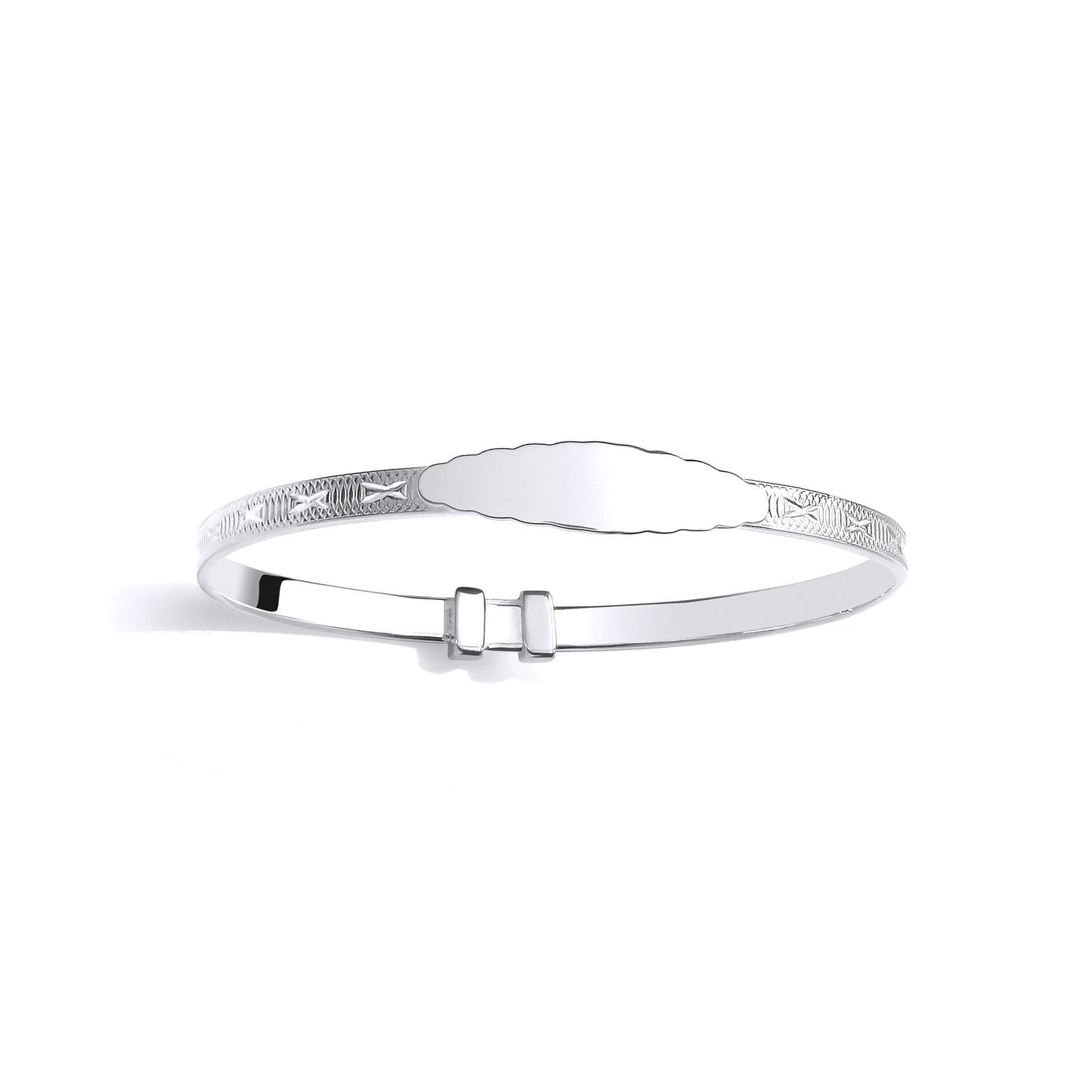 Silver  Scalloped Edge ID Bar Engine Turned Kisses Bangle Bracelet - BN88