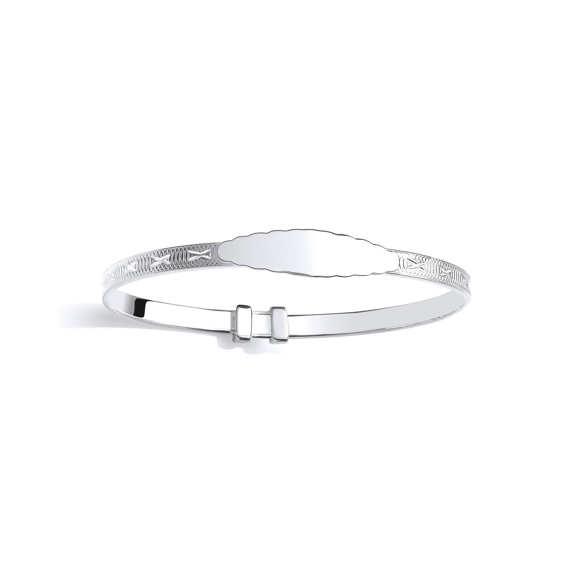 Silver  Scalloped Edge ID Bar Engine Turned Kisses Bangle Bracelet - BN88