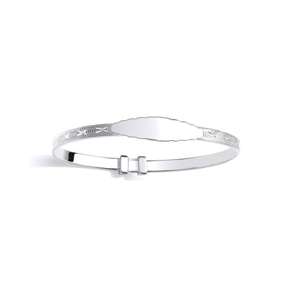 Silver  Scalloped Edge ID Bar Engine Turned Kisses Bangle Bracelet - BN88