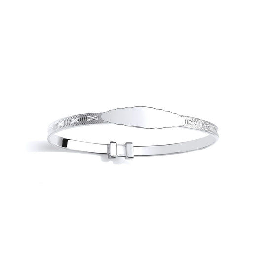 Silver Kids Expanding Oval ID Plate Bangle Etched Pattern (55mm) - BN88