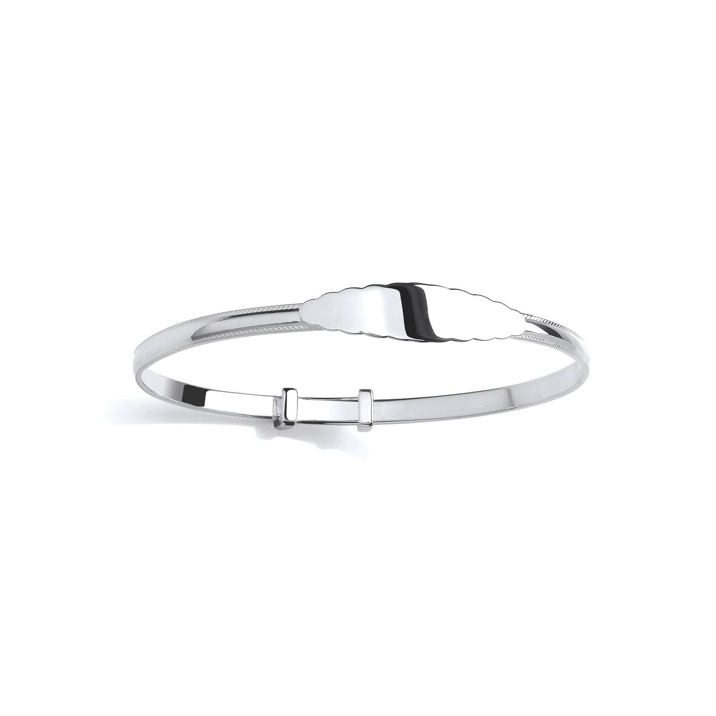 Silver  Scalloped Edge ID Bar Feathered Bangle Bracelet - BN89