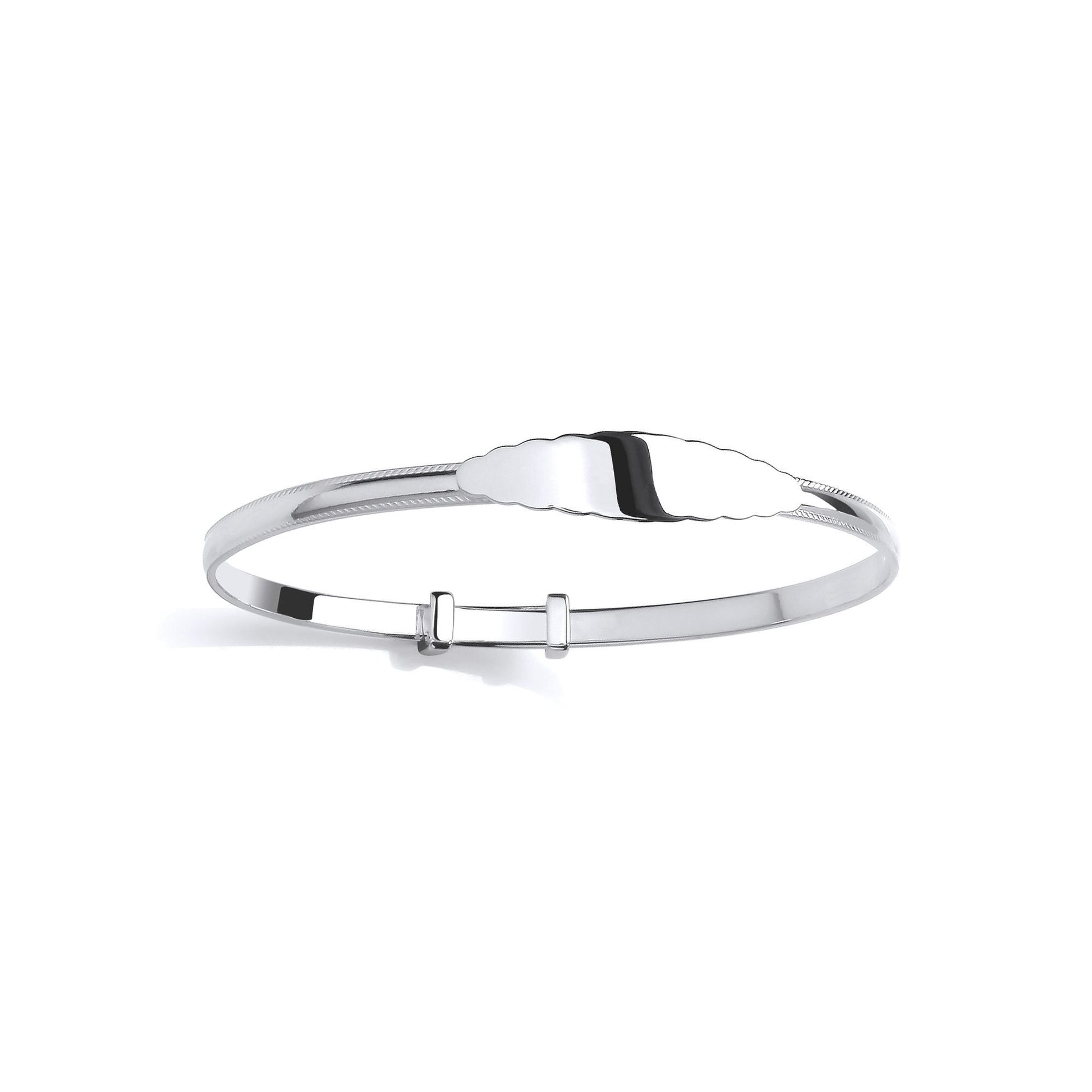 Silver  Scalloped Edge ID Bar Feathered Bangle Bracelet - BN89