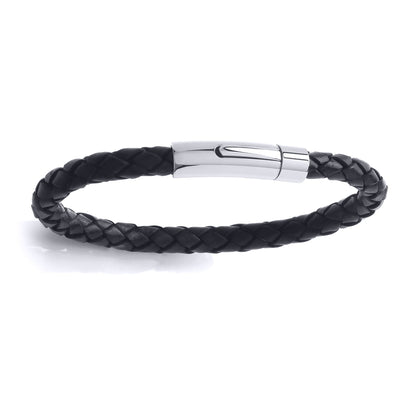 Mens Steel  Black Leather Platted Strap Bracelet 6mm 8 inch - BRC132