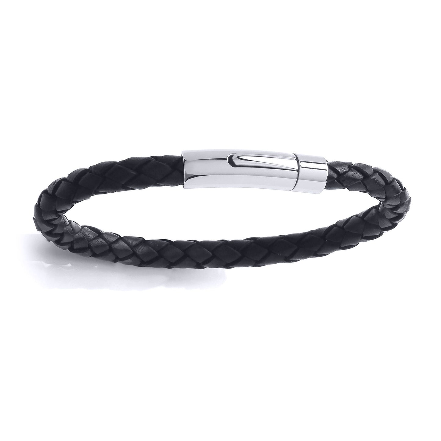 Mens Steel  Black Leather Platted Strap Bracelet 6mm 8 inch - BRC132