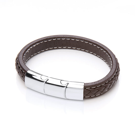 Mens Steel  Brown Leather Platted Strap Bracelet 12mm 8.5 inch - BRC151BRN
