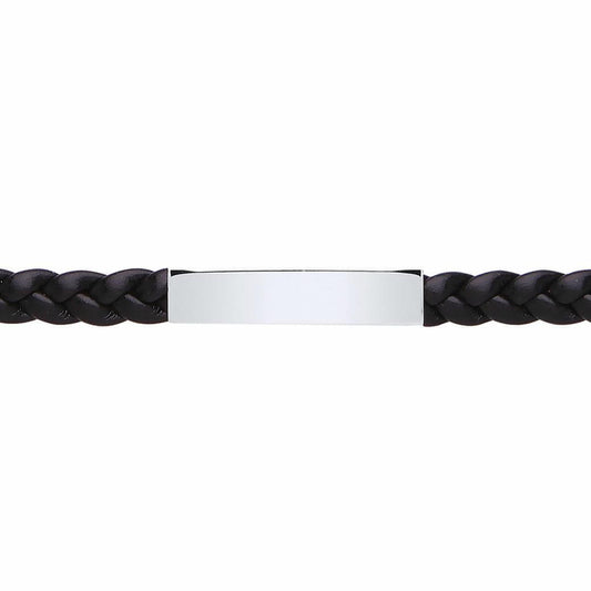 Mens Steel  Black Leather Platted ID Strap Bracelet 8mm 8 inch - BRC153BLK