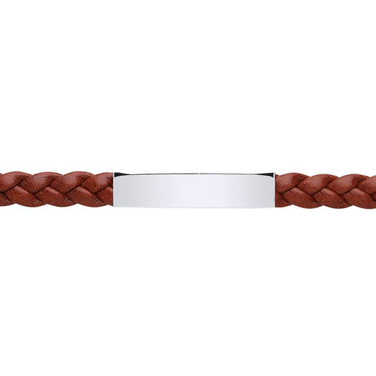 Mens Steel  Brown Leather Platted ID Strap Bracelet 8mm 8 inch - BRC154BRN
