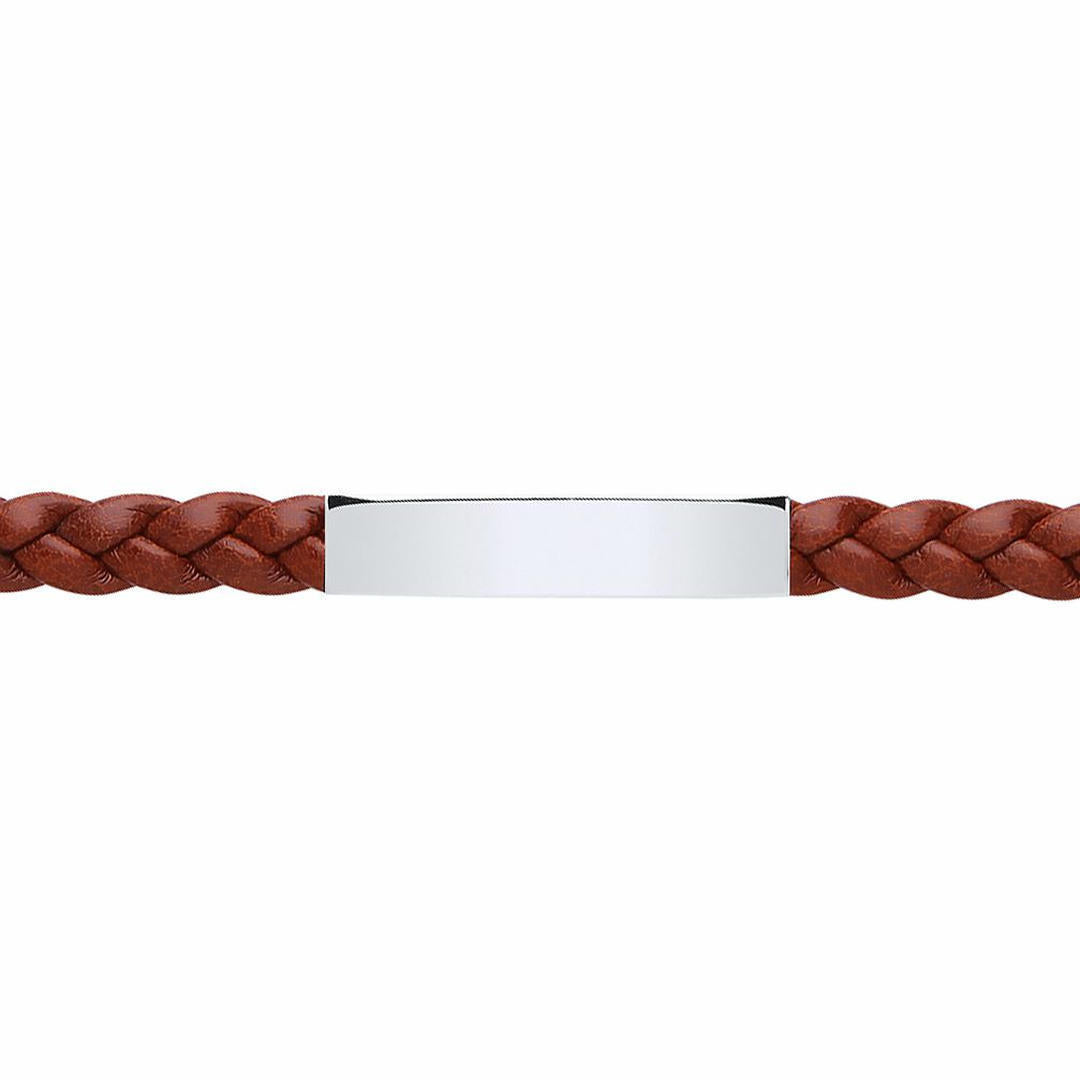 Mens Steel  Brown Leather Platted ID Strap Bracelet 8mm 8 inch - BRC154BRN
