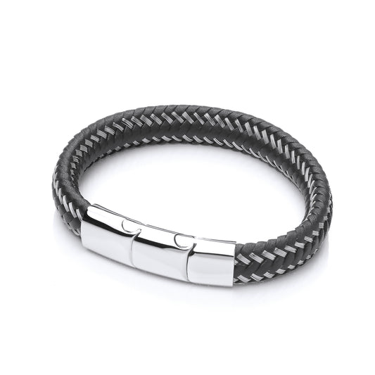 Mens Steel  Black Leather Platted Strap Bracelet 12mm 8.25-9 inch - BRC155BLK