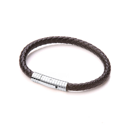 Mens Steel  Black Leather Platted Strap Bracelet 9mm 8.5 inch - BRC156