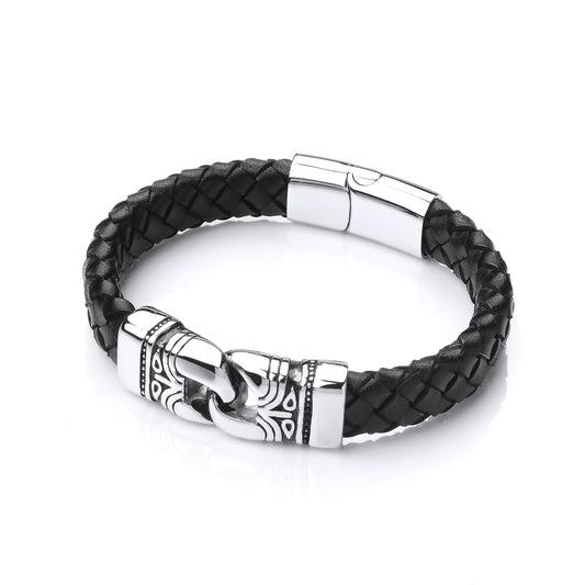 Mens Steel  Black Leather Platted Tribal Strap Bracelet 15mm 8.5" - BRC158