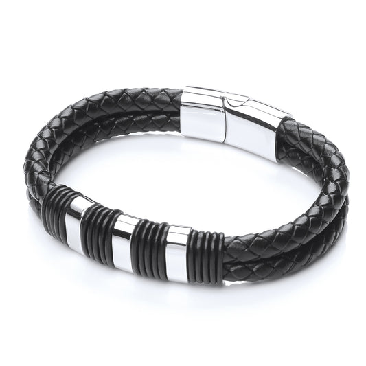 Mens Steel  Black Leather Dual Plaited Strap Bracelet 13mm 8.5" - BRC168