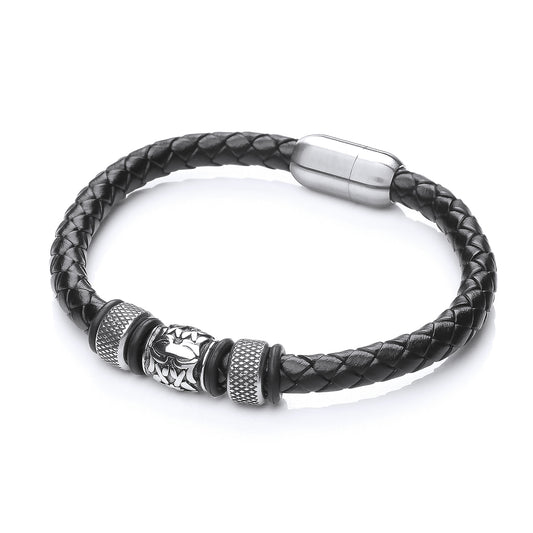 Mens Steel  Black Leather Textured Bead Strap Bracelet 11mm - BRC169