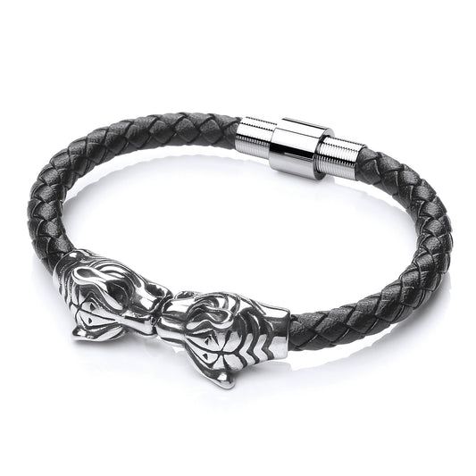Mens Steel  Black Leather Tiger Head Strap Bracelet 17mm 8 inch - BRC170