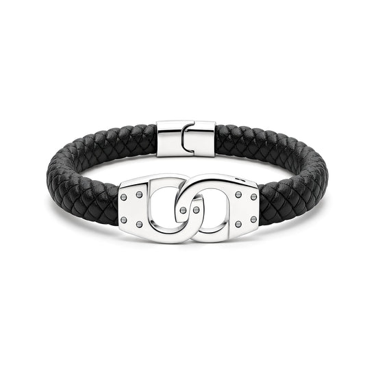 Mens Steel Woven Leather  Buckle Handcuffs Bracelet 20mm 8.5 inch - BRC171