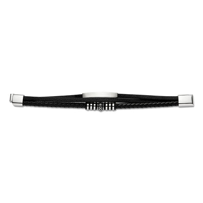 Mens Steel  Black Leather ID Strap Bracelet 13mm 8.5 inch - BRC172