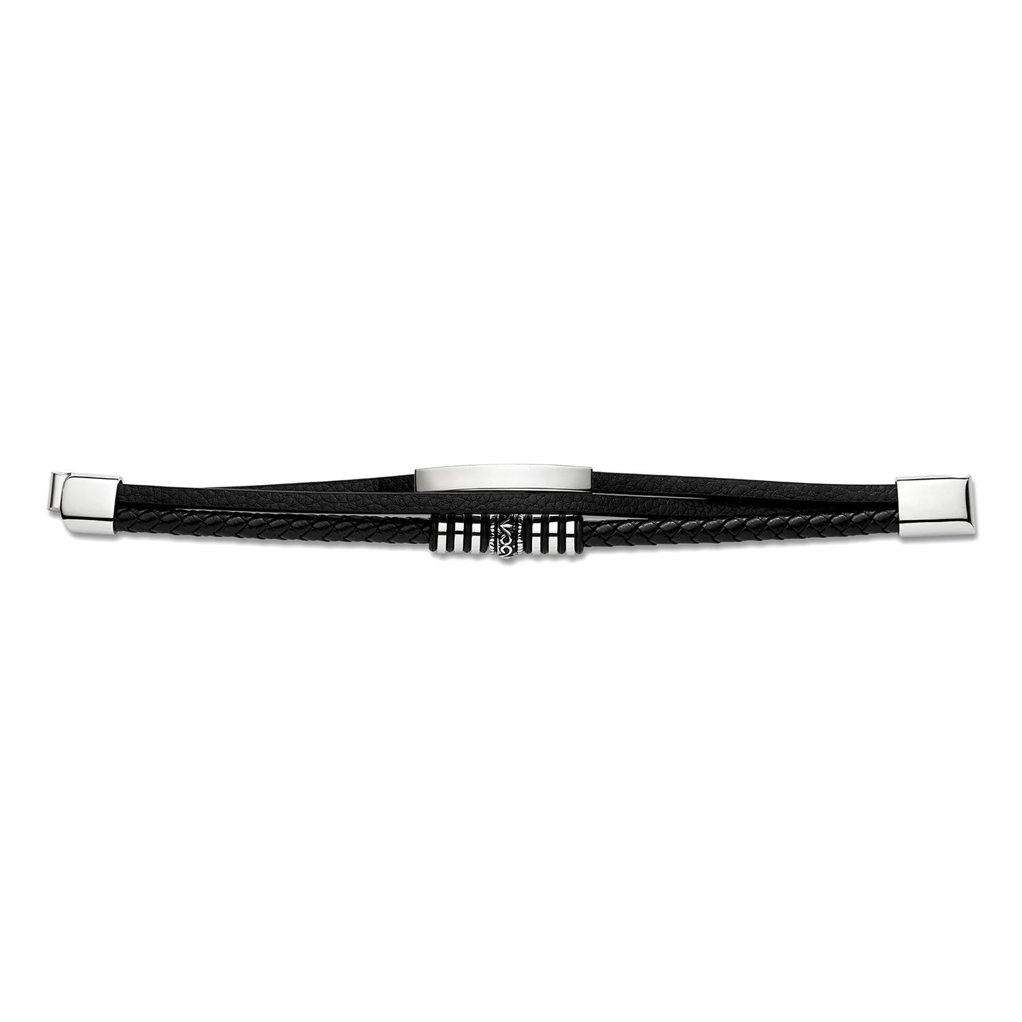Mens Steel  Black Leather ID Strap Bracelet 13mm 8.5 inch - BRC172