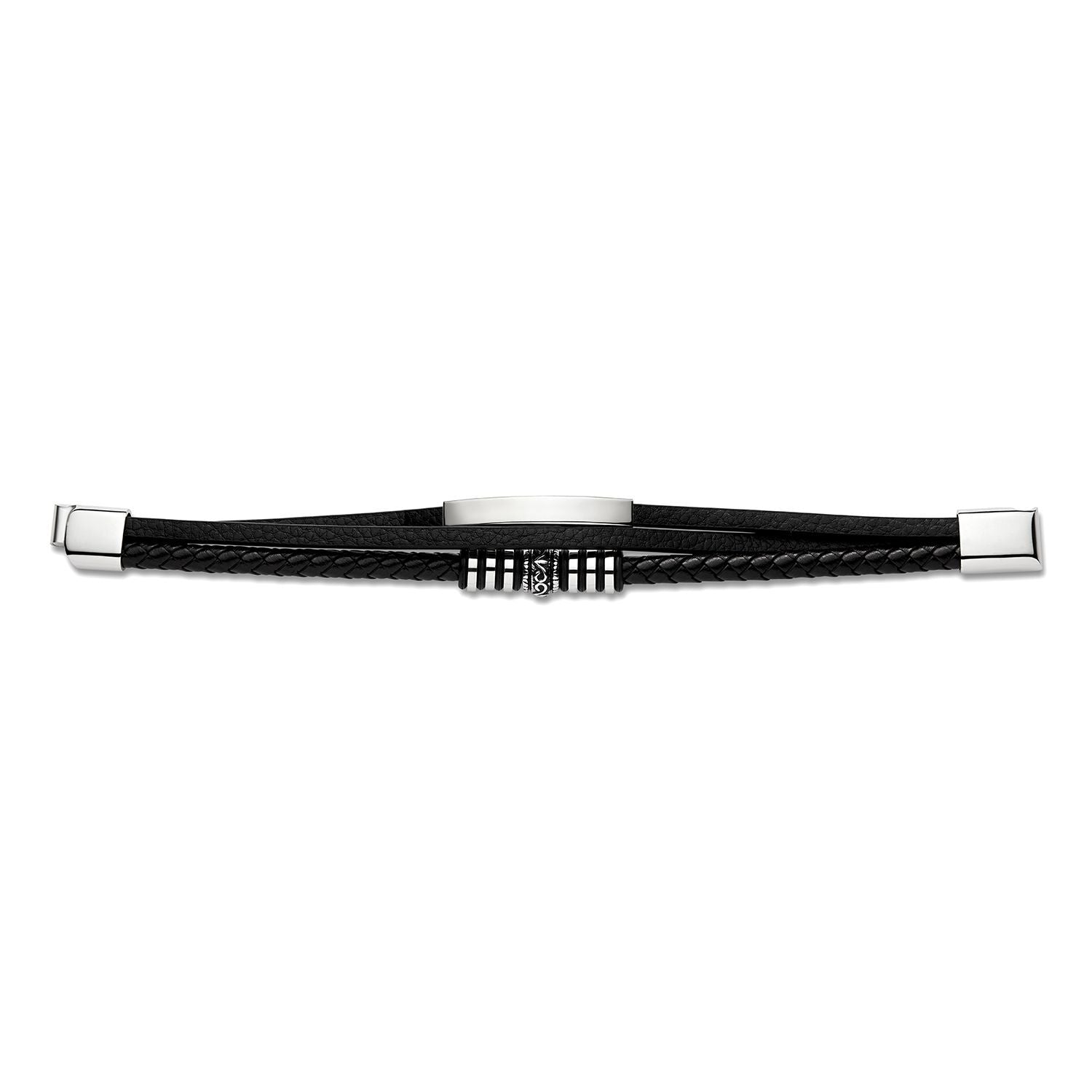 Mens Steel  Black Leather ID Strap Bracelet 13mm 8.5 inch - BRC172