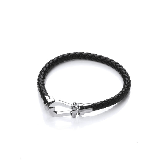 Mens Steel  Black Leather Loop Strap Bracelet 12mm - BRC174