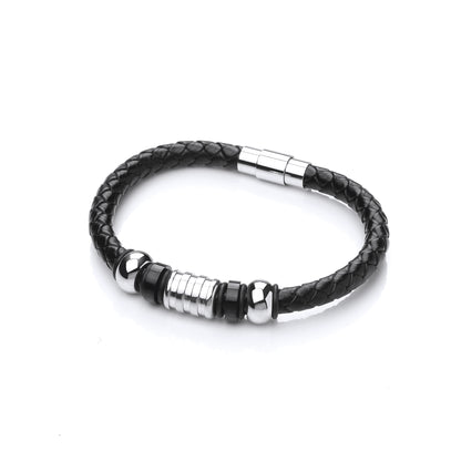 Mens Steel  Black Leather Charm Bead Strap Bracelet 11mm - BRC175
