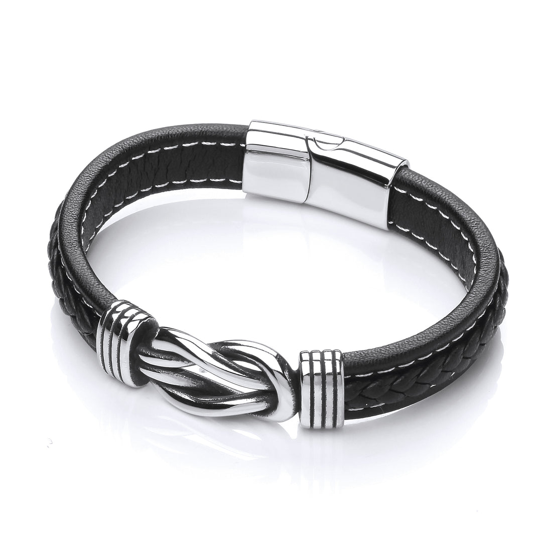 Mens Steel  Black Leather Loop Knot Strap Bracelet 13mm - BRC176